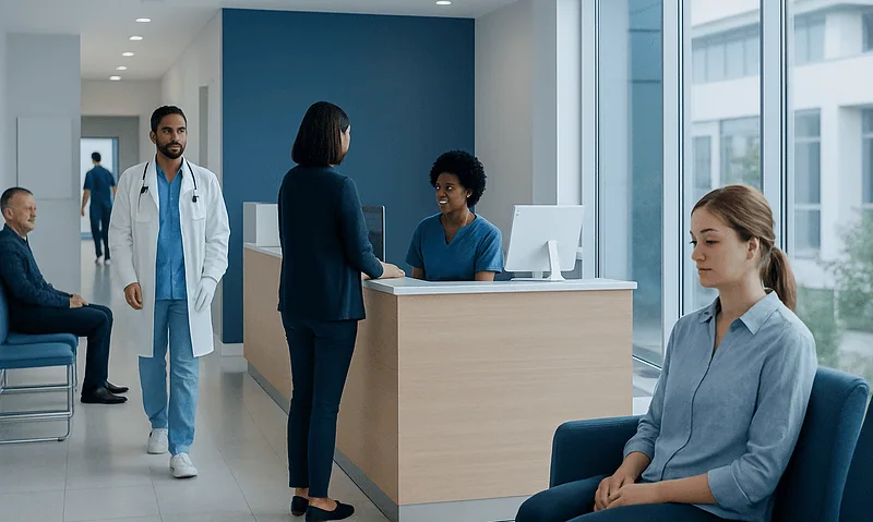 Patients and staff in a modern hospital reception area at Acibadem Hospitals Group.