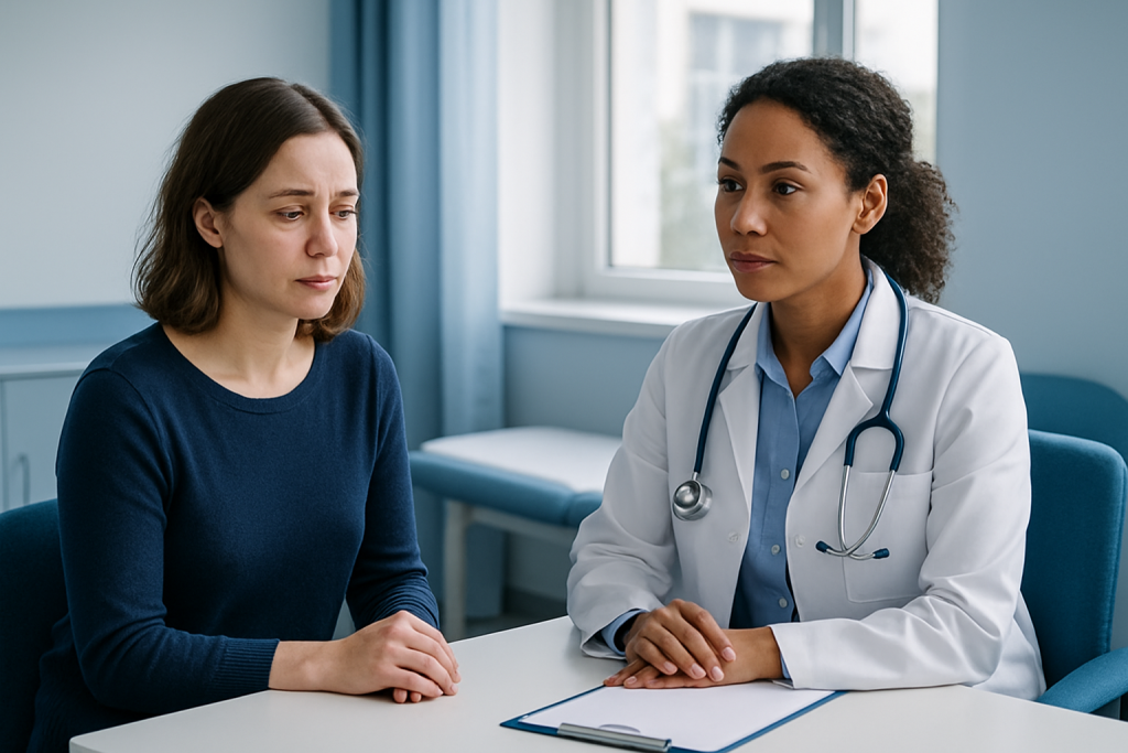 Doctor consulting with a patient about health concerns in a medical office.