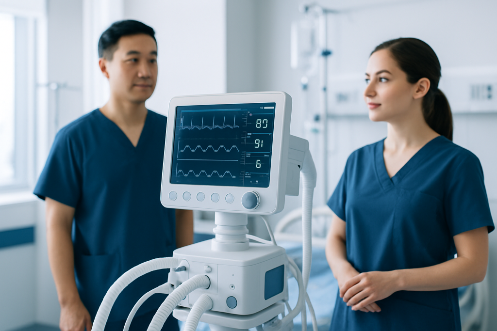 Medical professionals monitoring patient vital signs in hospital.