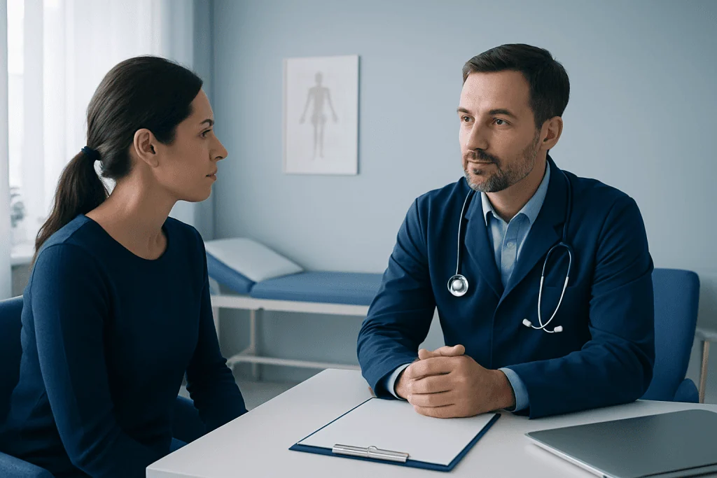 Doctor consulting with a female patient in a modern hospital room.