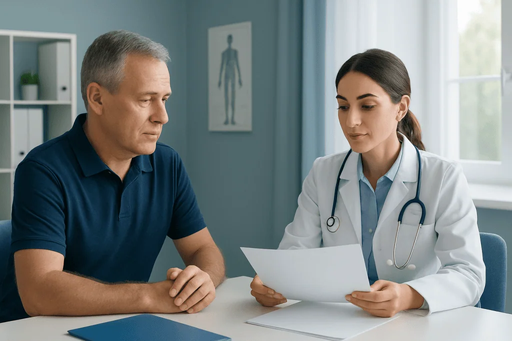 Doctor consulting with a patient in a medical office setting.