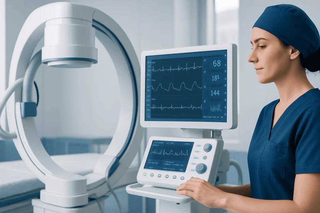 Medical professional operating imaging equipment in a hospital setting.