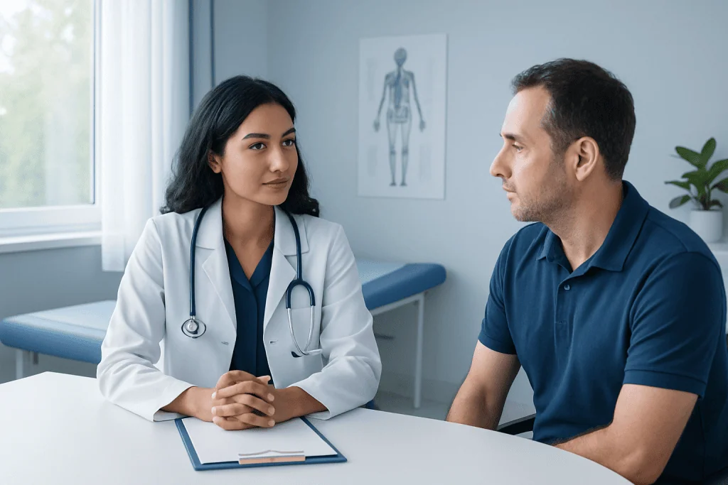 Doctor consulting with a male patient in a modern hospital room.
