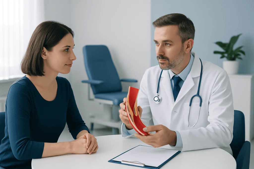 Doctor explaining angioplasty procedure to a patient in a clinic setting.