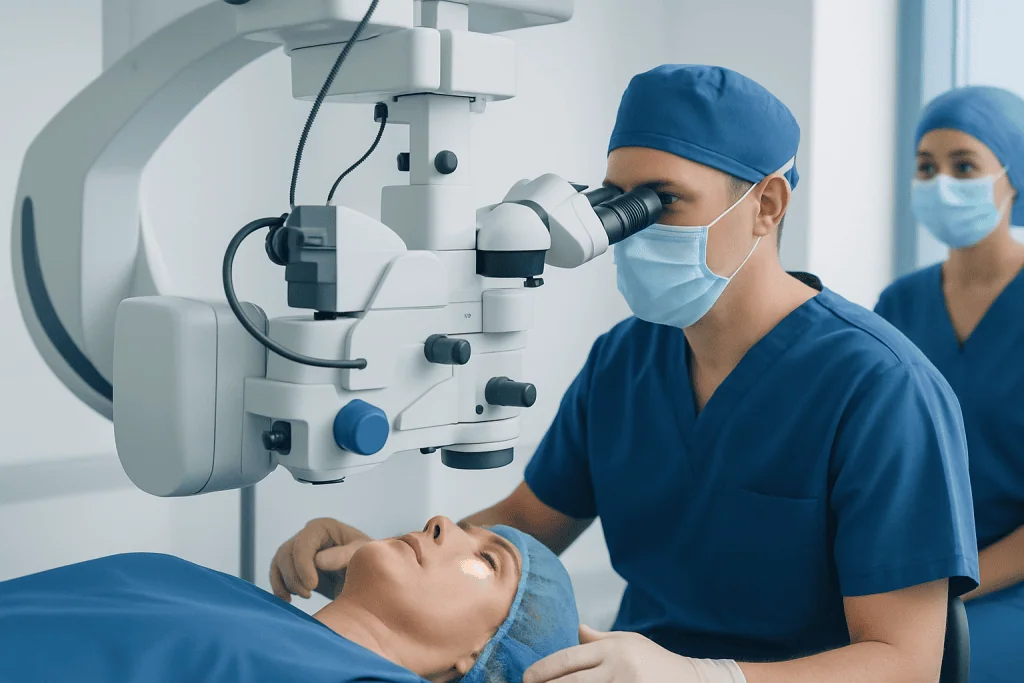 Surgeon performing eye surgery with advanced microscope at Acibadem Hospital.