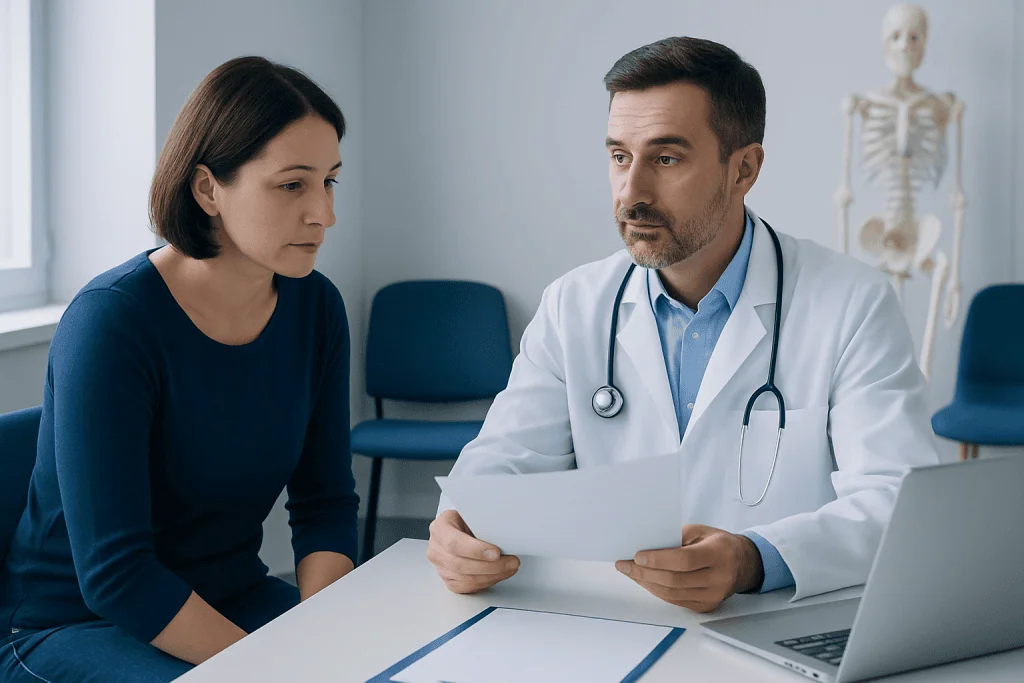 Doctor consulting with a female patient in a medical office setting.