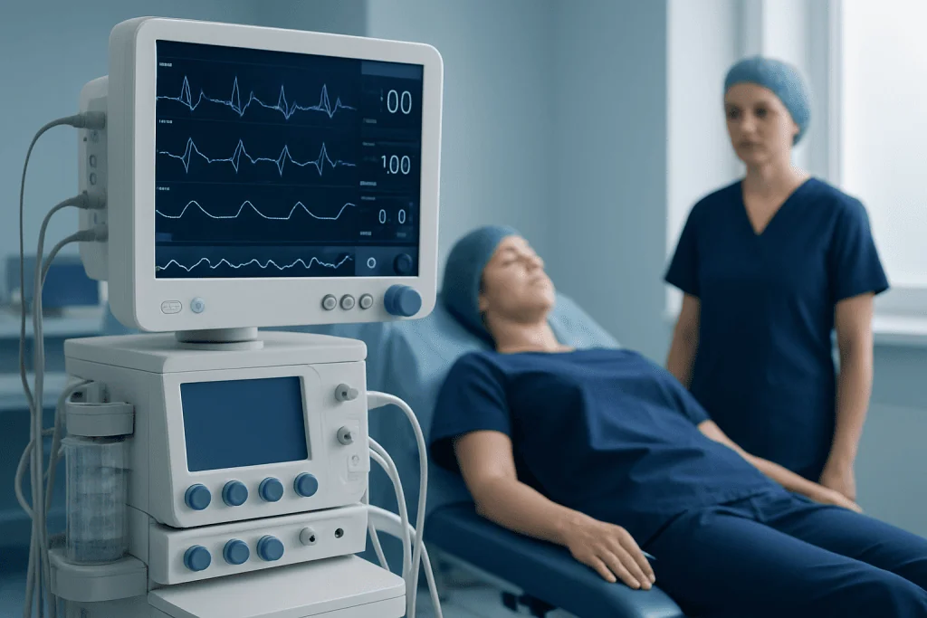 Patient monitored on ECG machine in hospital setting with nurse nearby.