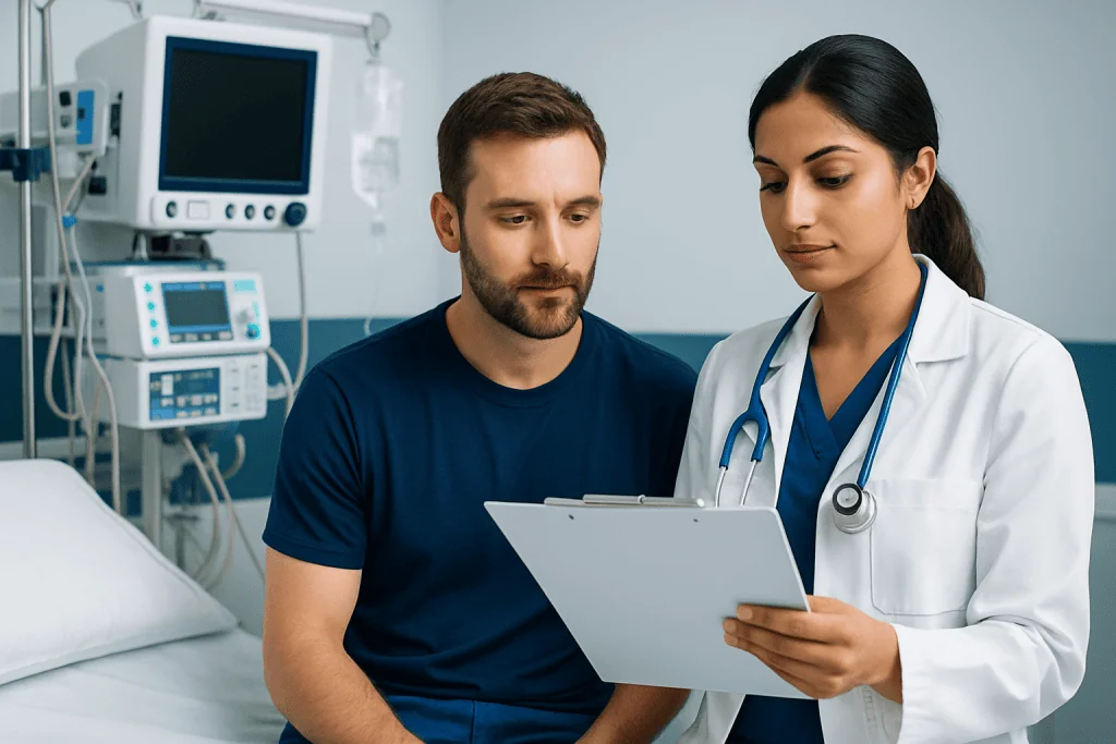 Doctor reviewing patient discharge summary with patient in hospital room.