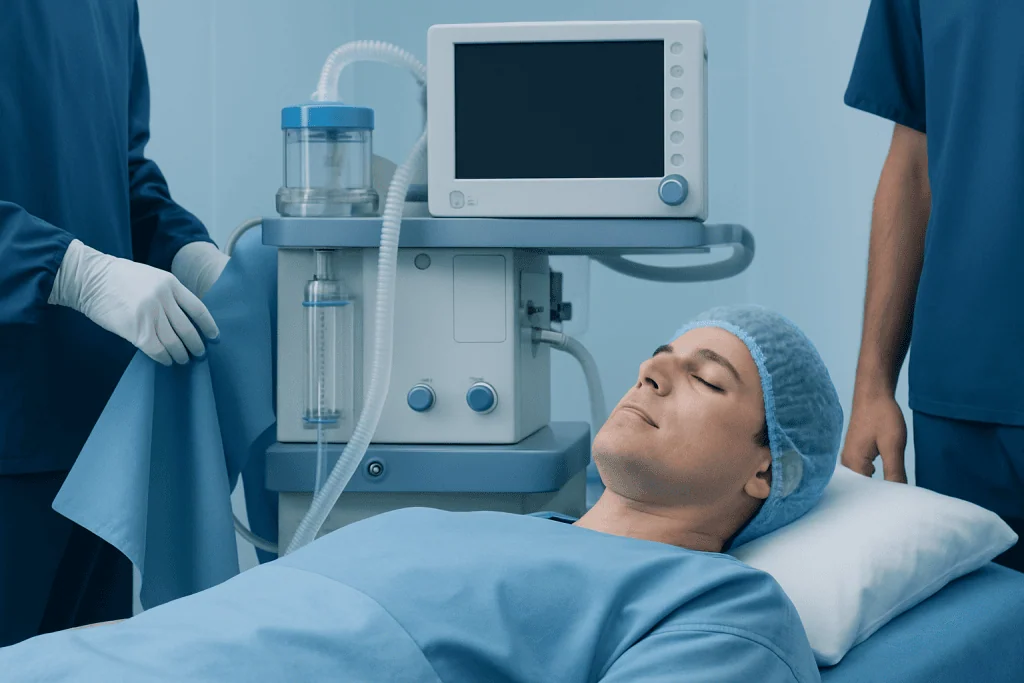 Patient in hospital bed connected to medical ventilator and monitors.