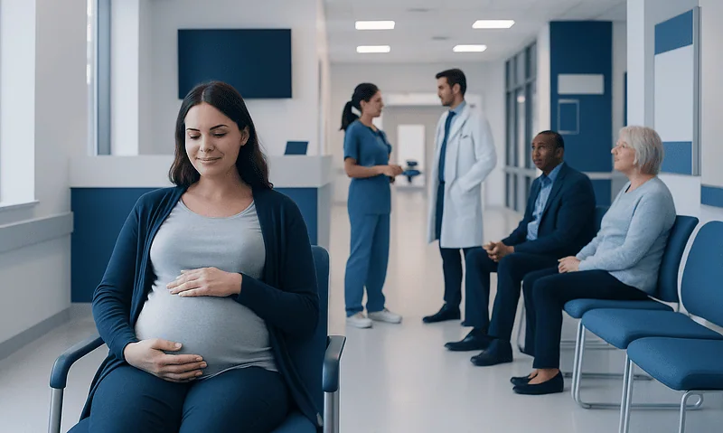 Pregnant woman waiting at hospital for prenatal checkup.