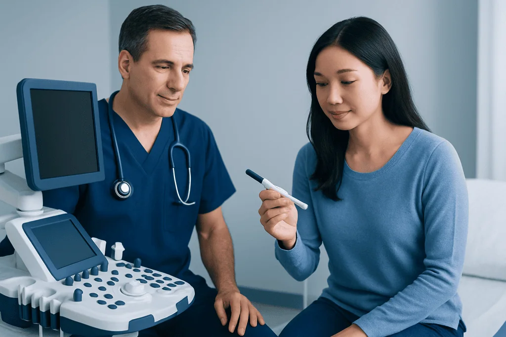 Female patient with doctor during ovulation testing consultation at hospital.