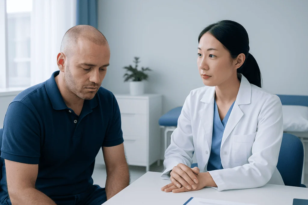 Doctor consulting with patient about hair transplant recovery at Acibadem Hospital.