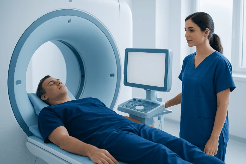 Patient undergoing MRI scan at Acibadem Hospital with medical staff present.