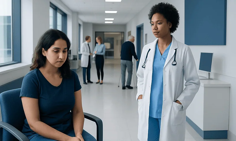 Patient in hospital corridor talking to healthcare professional.