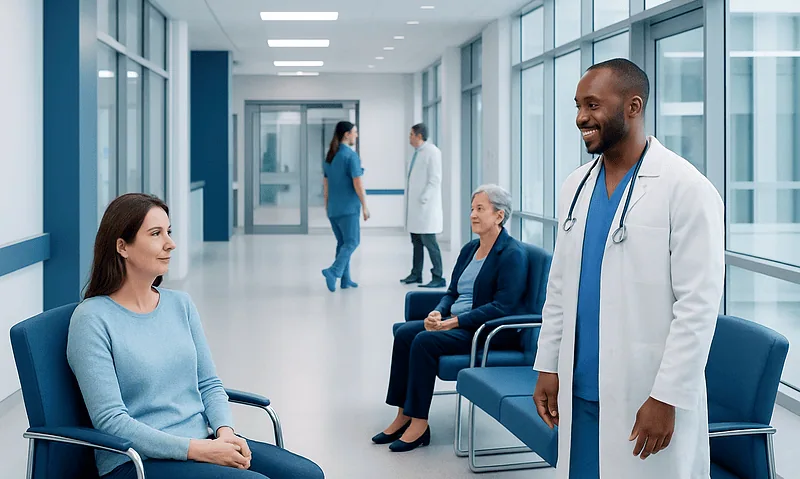 Doctor talking to a patient in a hospital corridor.