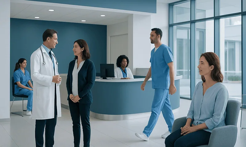 Medical team consulting with patient in modern hospital lobby.
