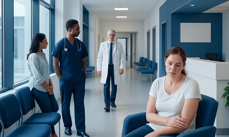 Patient with eczema waiting in a hospital corridor with medical staff nearby.