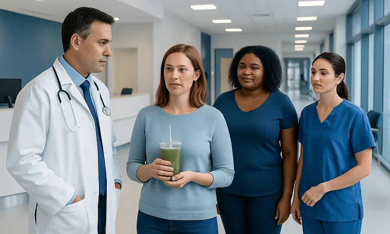 Doctor consulting with diverse group of women in hospital corridor.