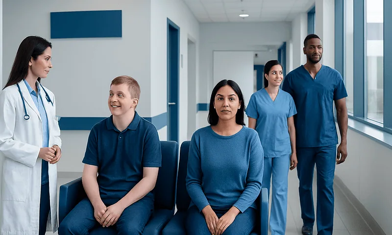 Medical team interacting with a patient in a hospital corridor.