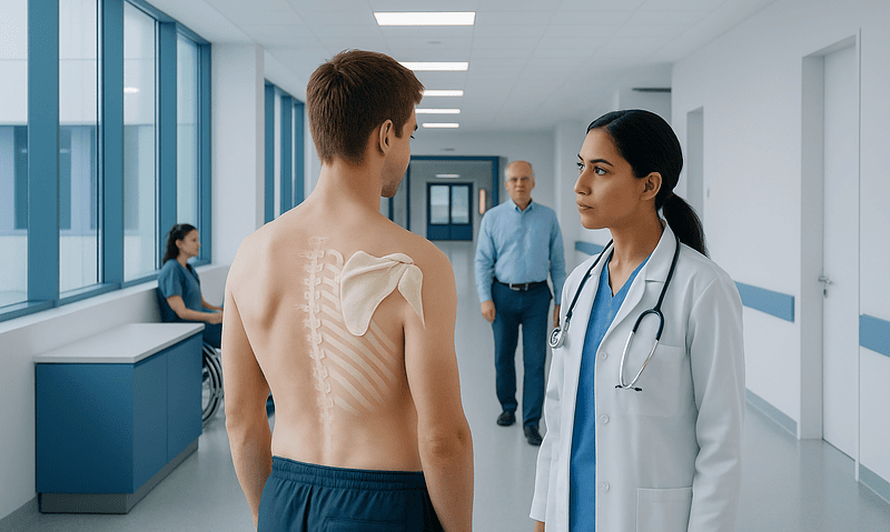 Doctor examining a young male patient with shoulder injury in hospital corridor.