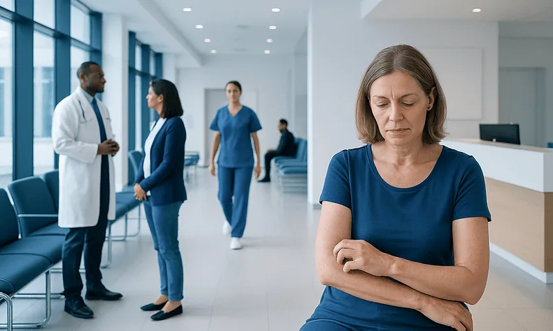 Xerosis: Symptoms, Causes, and Treatment Options 14 Patient feeling unwell in hospital waiting area at Acibadem Hospitals Group.