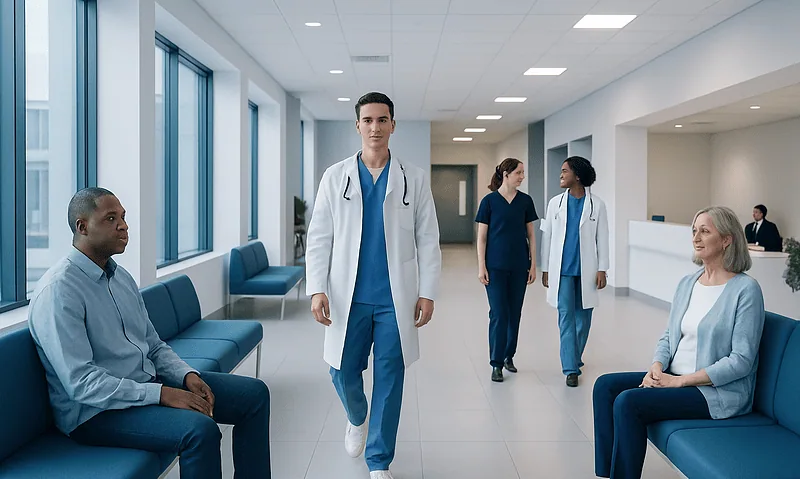 Healthcare professionals and patients in a modern hospital corridor.