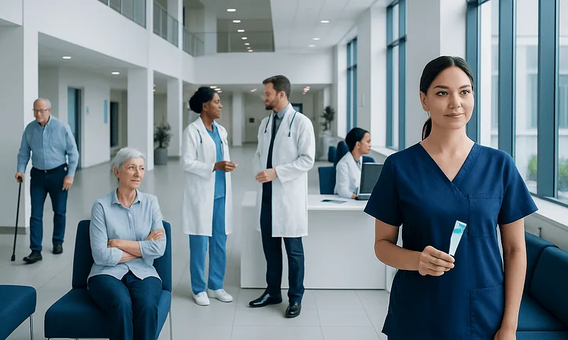 Healthcare professionals and patients in a modern hospital lobby.