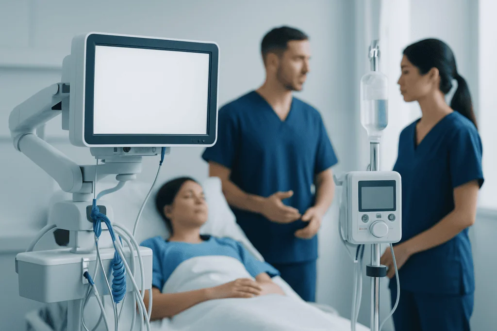 Medical team attending to a patient in a hospital room with advanced equipment.