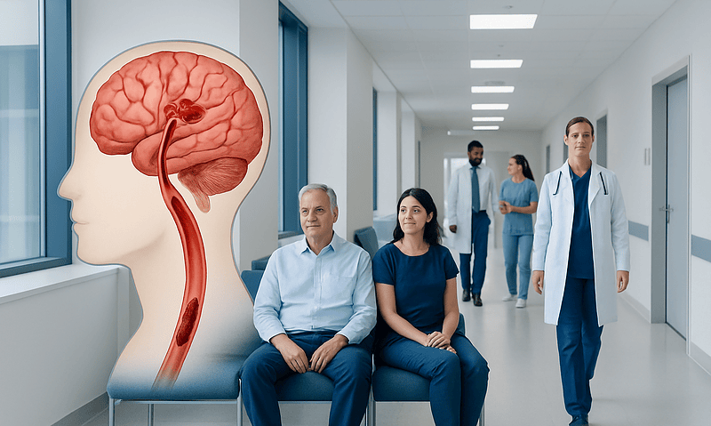 Patients waiting in a hospital corridor with a brain illustration for stroke awareness.