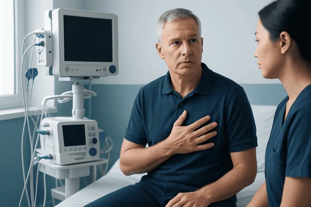 Patient experiencing chest discomfort during medical consultation at Acibadem Hospital.