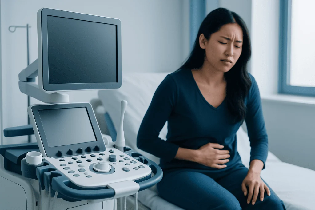 Woman experiencing abdominal pain during a medical ultrasound exam.