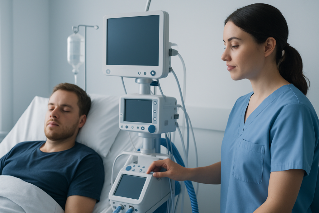 Patient in hospital bed connected to medical monitoring equipment.