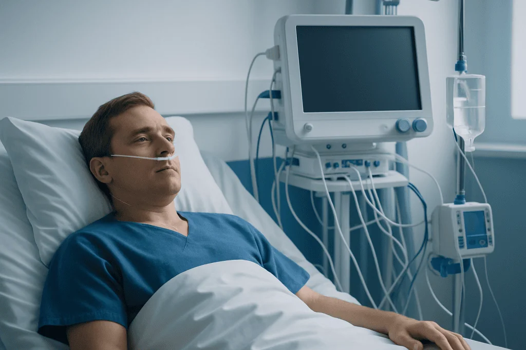 Patient in hospital bed connected to medical monitoring equipment.