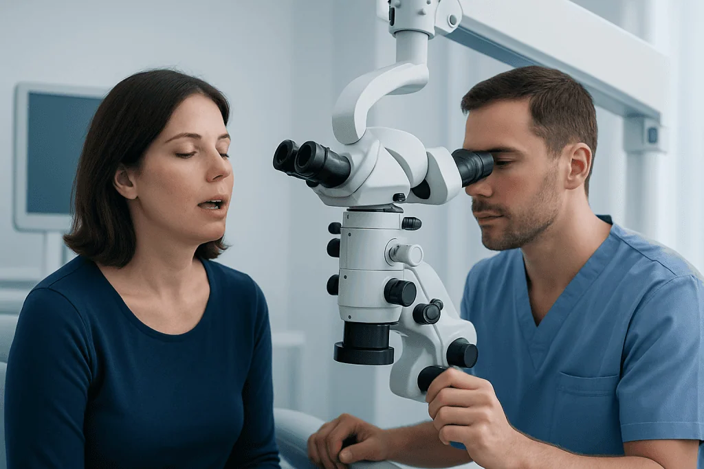 Doctor examining patient's mouth with a microscope at Acibadem Hospital.