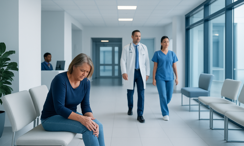 Patient with knee pain waiting in hospital corridor.