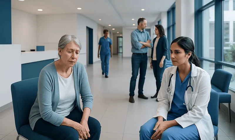 Patient consulting with doctor in hospital corridor.