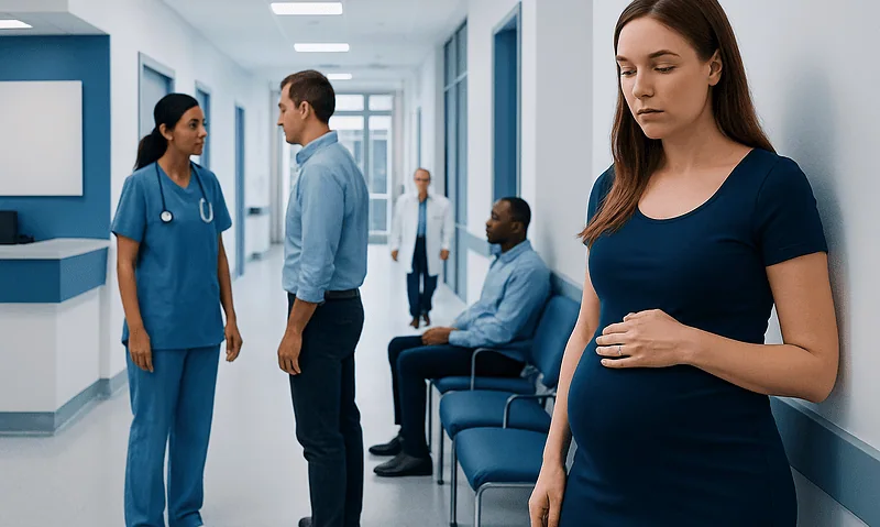 Pregnant woman in hospital corridor with medical staff and patients.