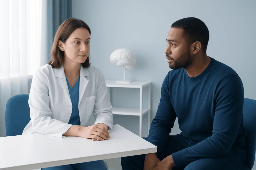 Doctor consulting with patient in a medical office setting.
