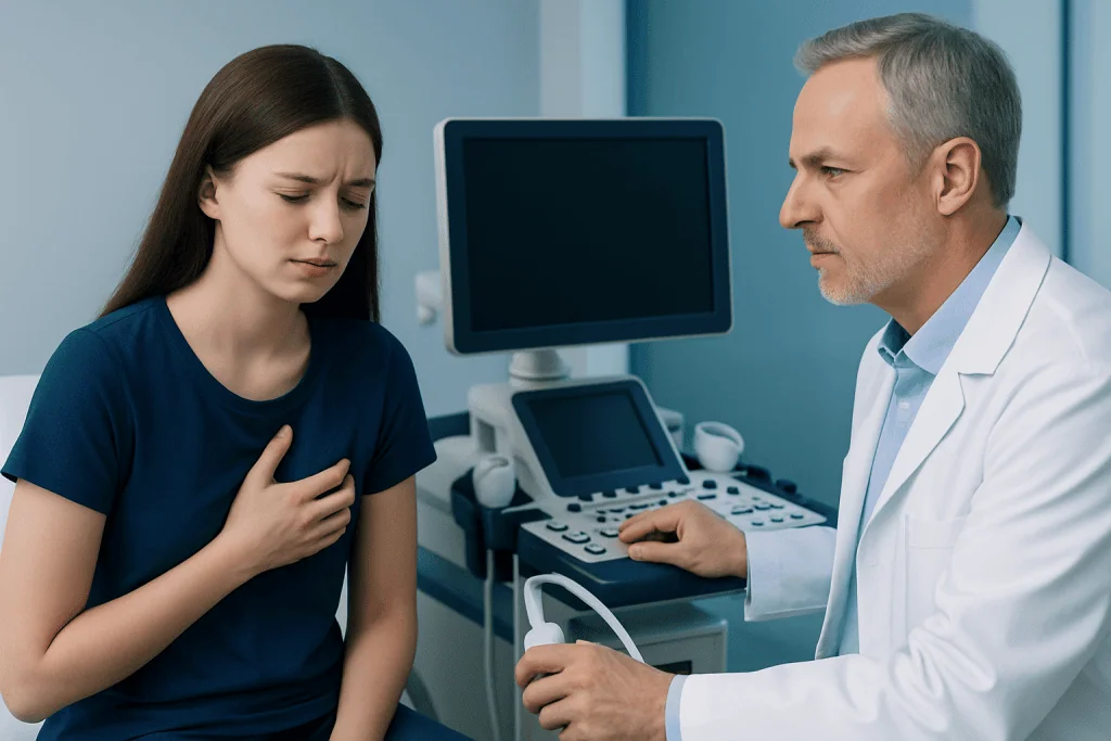 Doctor examining young woman with chest pain in hospital setting.