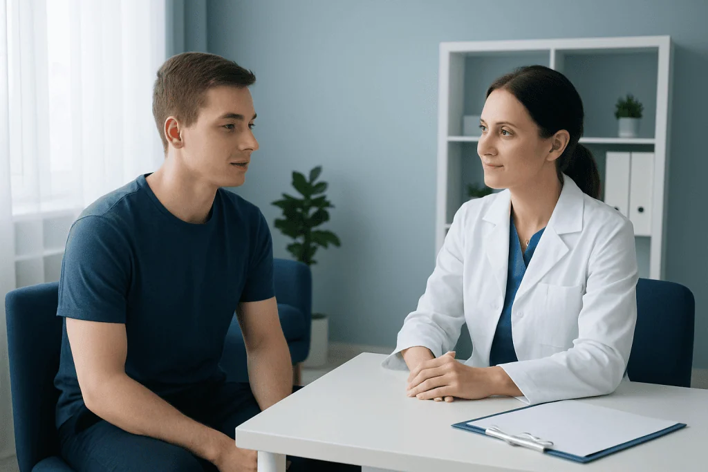 Doctor consulting with a young male patient in a medical office.