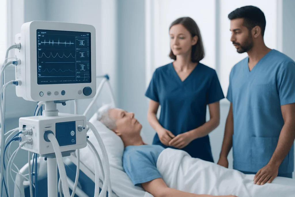 Medical professionals monitoring a patient in hospital bed with vital signs display.