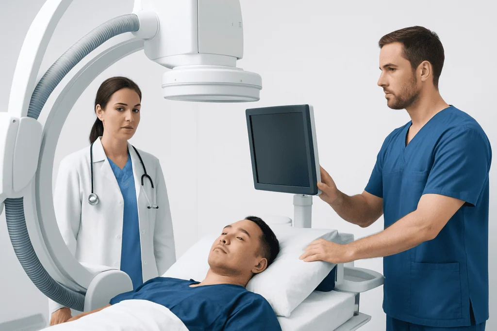 Medical professionals perform a diagnostic test on a patient in a hospital.