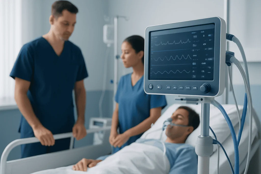Hospital staff monitoring patient with medical equipment in ICU.