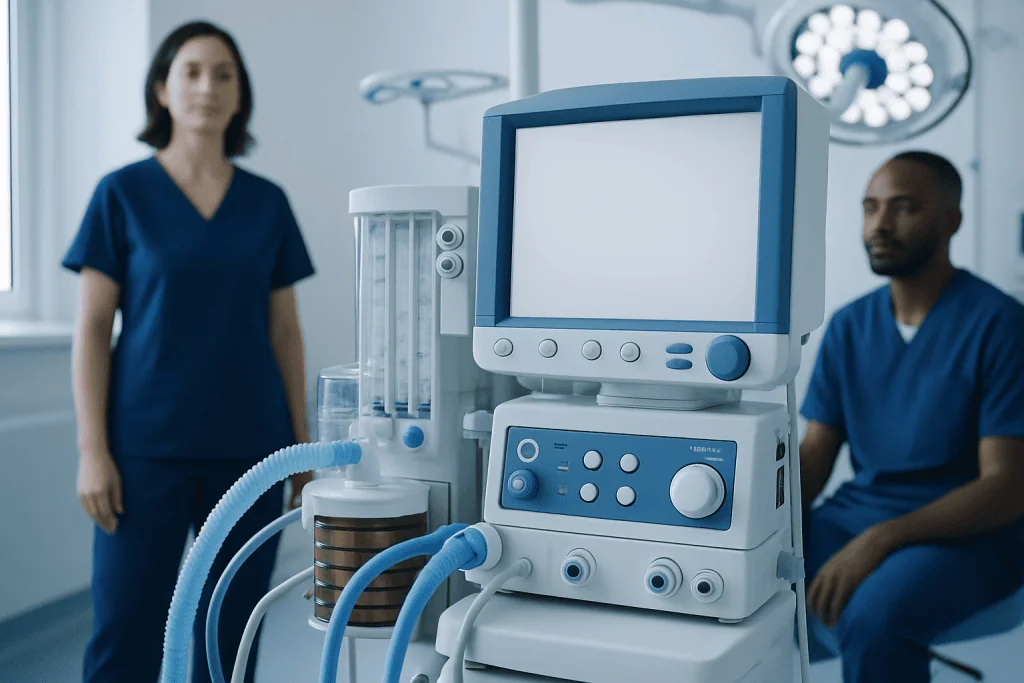 Medical professionals in a hospital room with ventilator equipment.