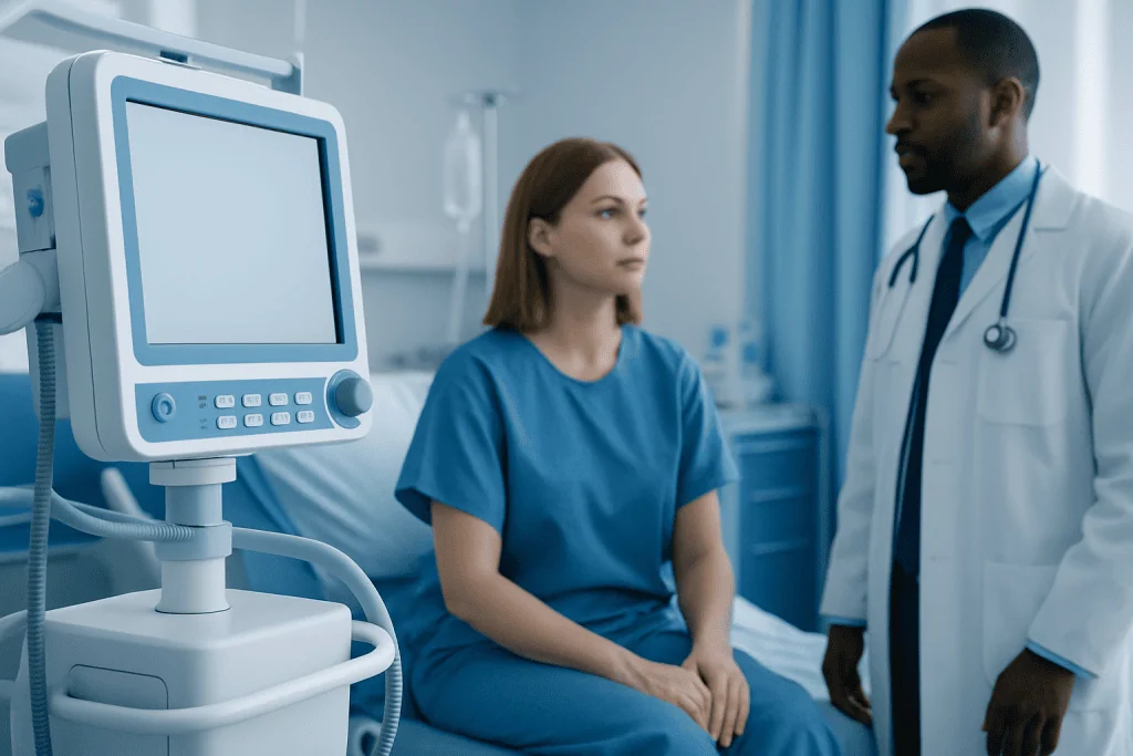 Medical consultation in a hospital room with patient and doctor.