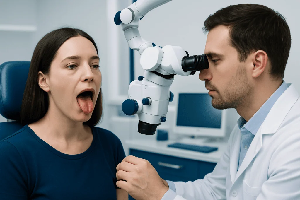 Doctor examines patient's throat using a microscope in a clinical setting.