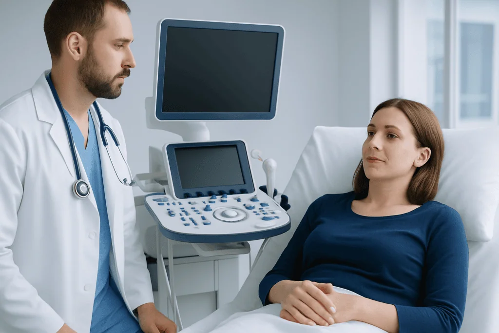 Doctor consulting with a patient in a hospital room with ultrasound equipment.