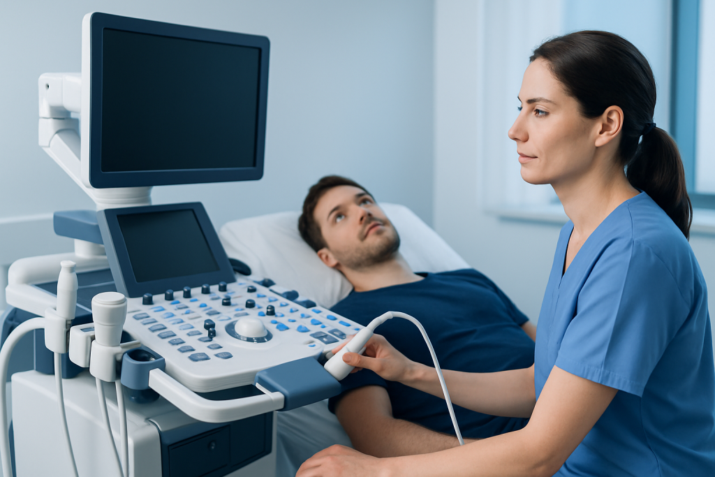 Medical professional performing an ultrasound examination on a patient in a hospital.