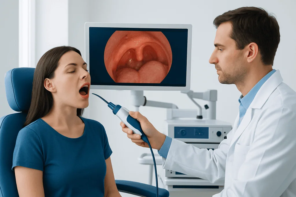 Doctor examines patient's throat with an endoscope, showing tonsil inflammation.