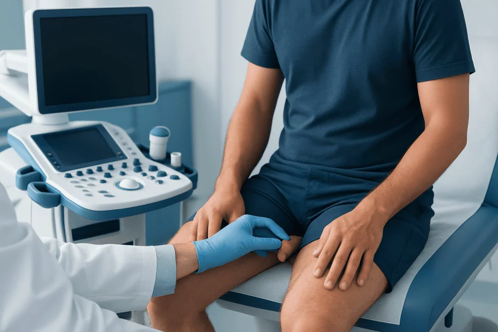Doctor examining male patient's scrotum with ultrasound equipment nearby.